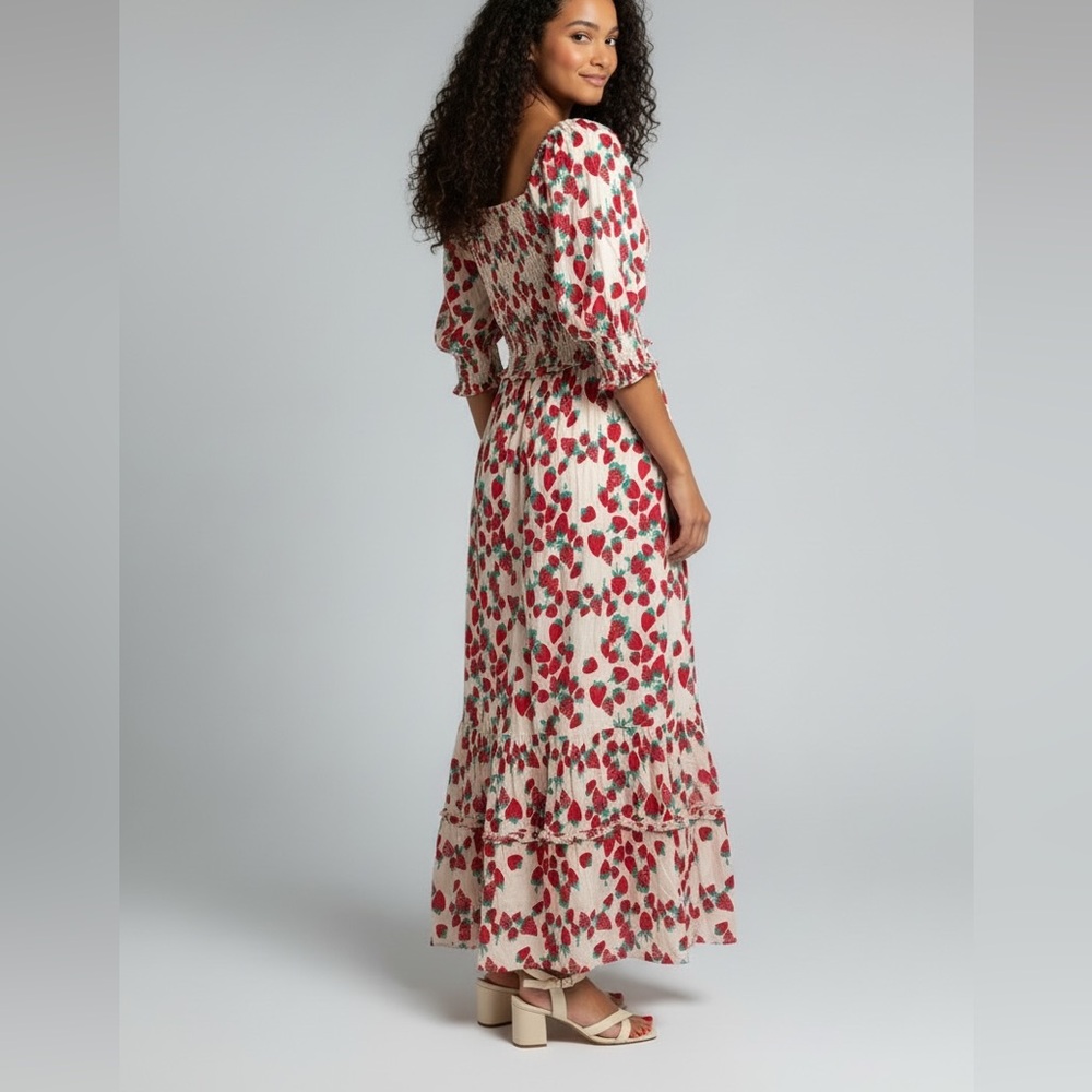 Betsey Johnson Strawberry Print Smocked Midi Dress XS Cottagecore Puff Sleeve